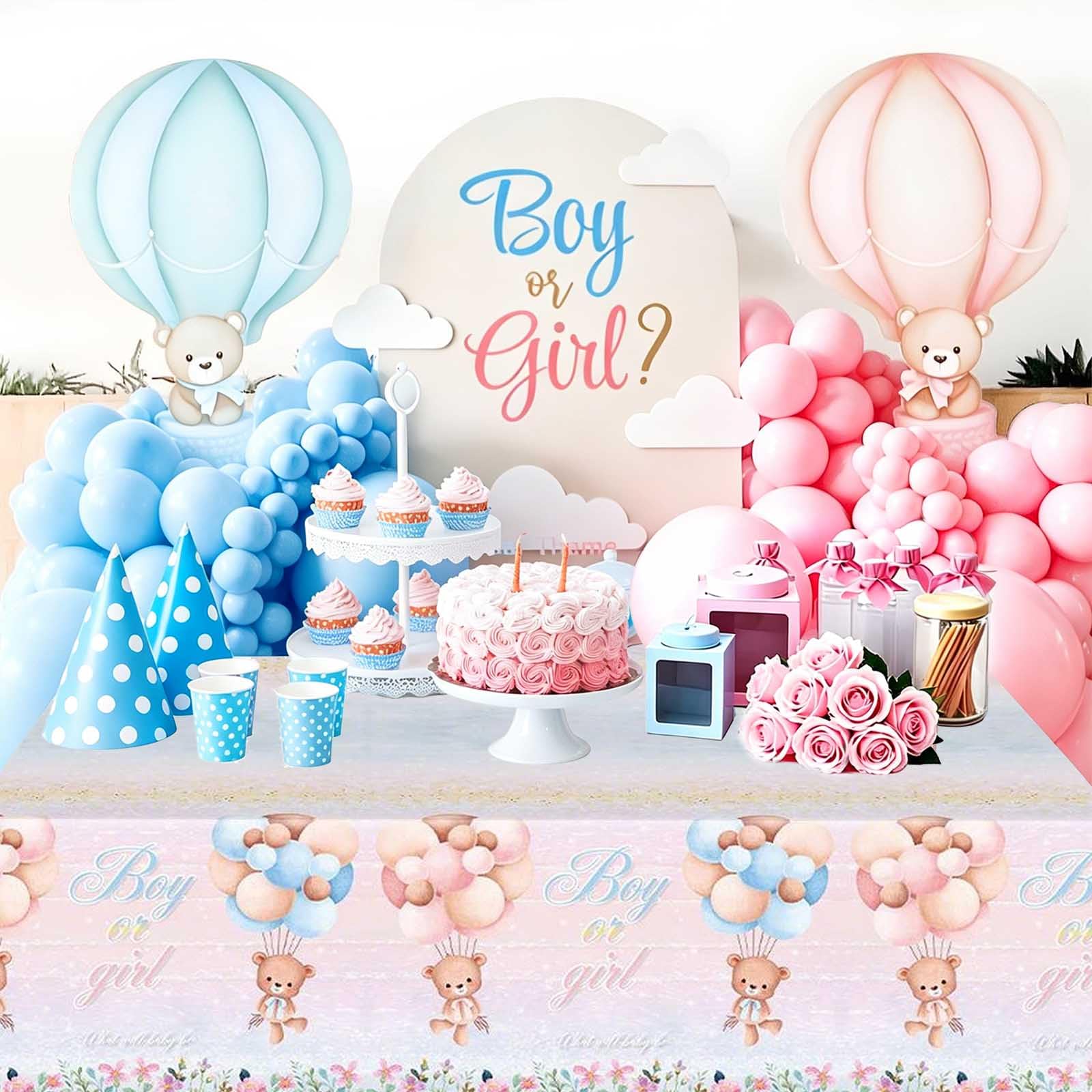 Shalve 2pcs Gender Reveal Tablecloth 137×274 cm Teddy Bear Pattern Table Cover, Boy or Girl Gender Reveal Party Supplies for Baby Shower, Birthday