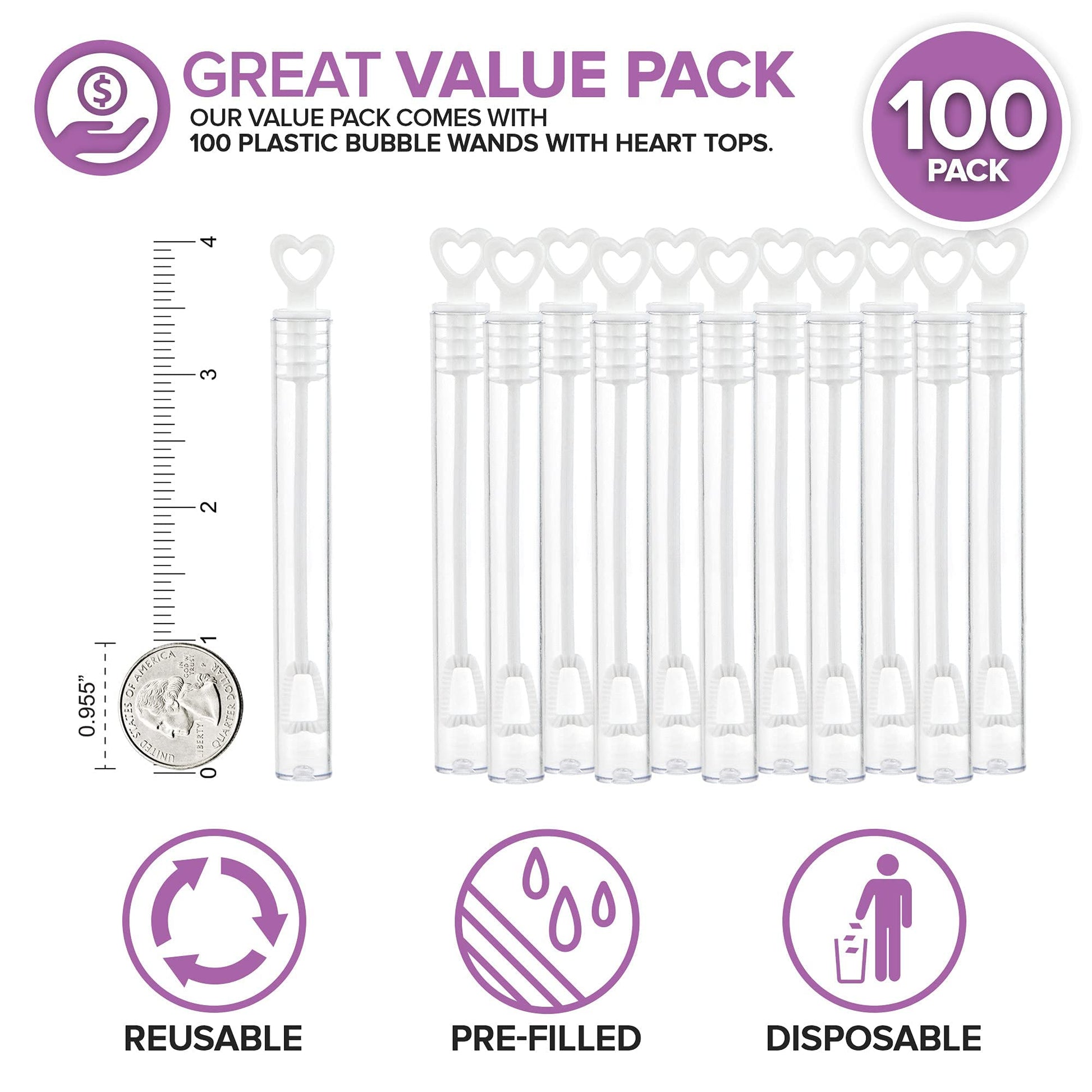 Wedding Bubbles Bulk - White Heart Top Wands (100 Count) Individual Mini Bubble Wand Favors for Weddings, Celebration Party Favor for Guests - Stock