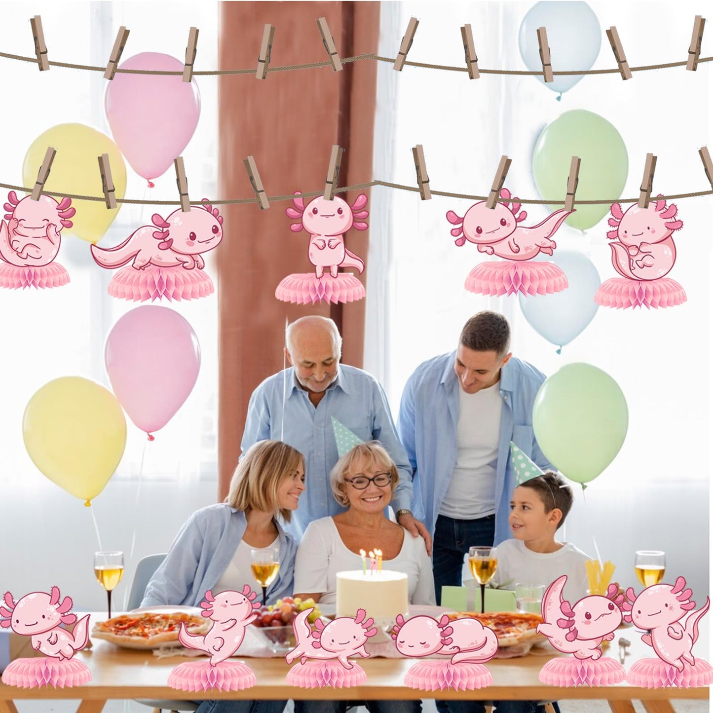 12Pcs Axolotl Happy Birthday Honeycomb Centerpiece Pink Glitter Aquatic Creature Pretty Hexagonal Dinosaur Party Decoration Coral Ocean Sea Fish