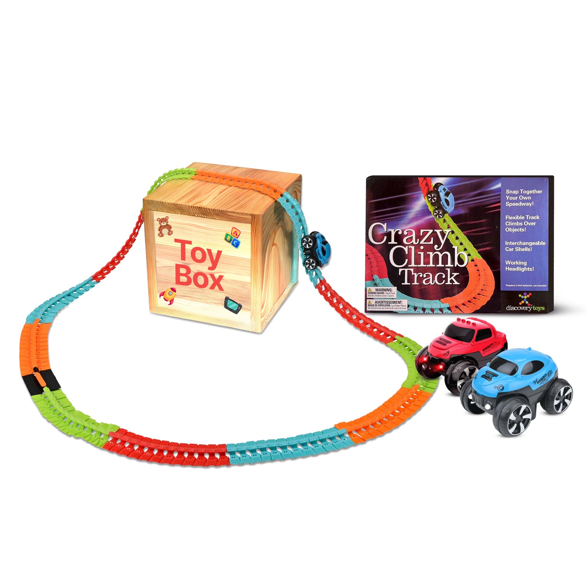 Discovery Toys Crazy Climb Track | Flexible Race Track Set with LED Light-Up Car | 144 Track Pieces with 2 Interchangeable Car Shells | Custom
