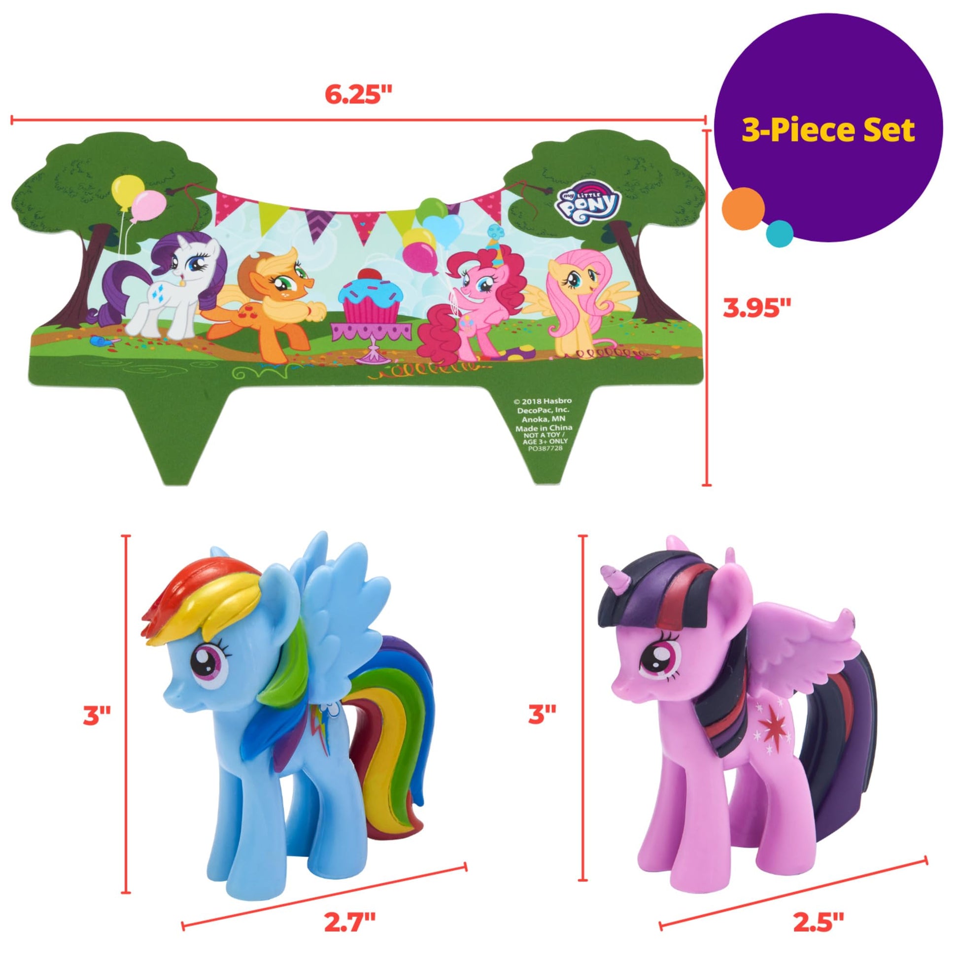 DecoPac My Little Pony Cake Topper, 3-Piece Cake Decorations with Rainbow Dash and Twilight Sparkle Ponies for Fun After the Birthday Party, 3"