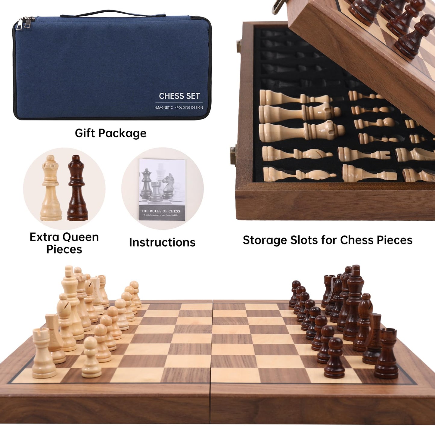 Ajedrez Magnetic Wooden Chess Set, 15" Walnut Folding Chess Board with Handcrafted Pieces 2 Extra Queens, Portable Travel Chess Board Game for Adults
