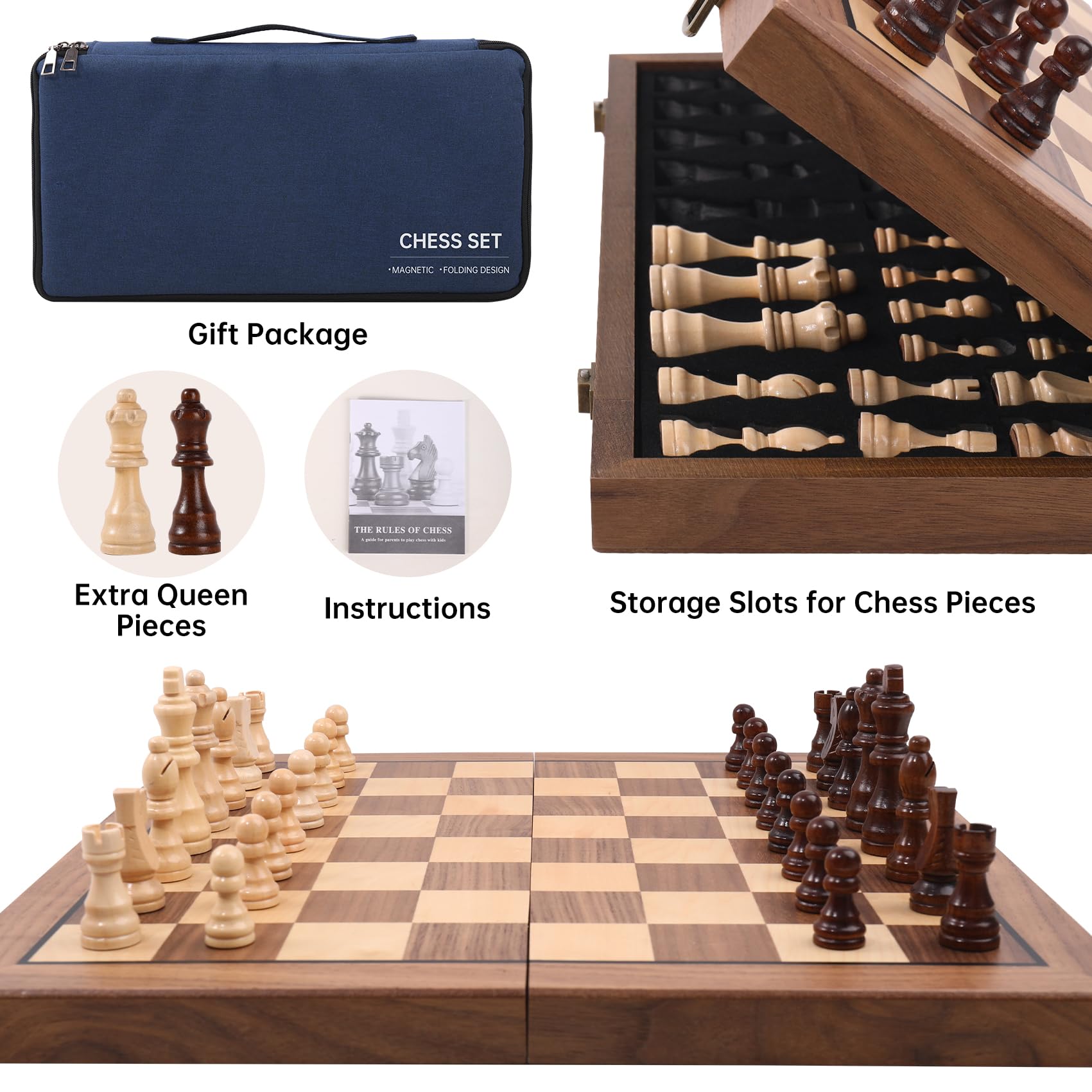 Ajedrez Magnetic Wooden Chess Set, 15" Walnut Folding Chess Board with Handcrafted Pieces 2 Extra Queens, Portable Travel Chess Board Game for Adults