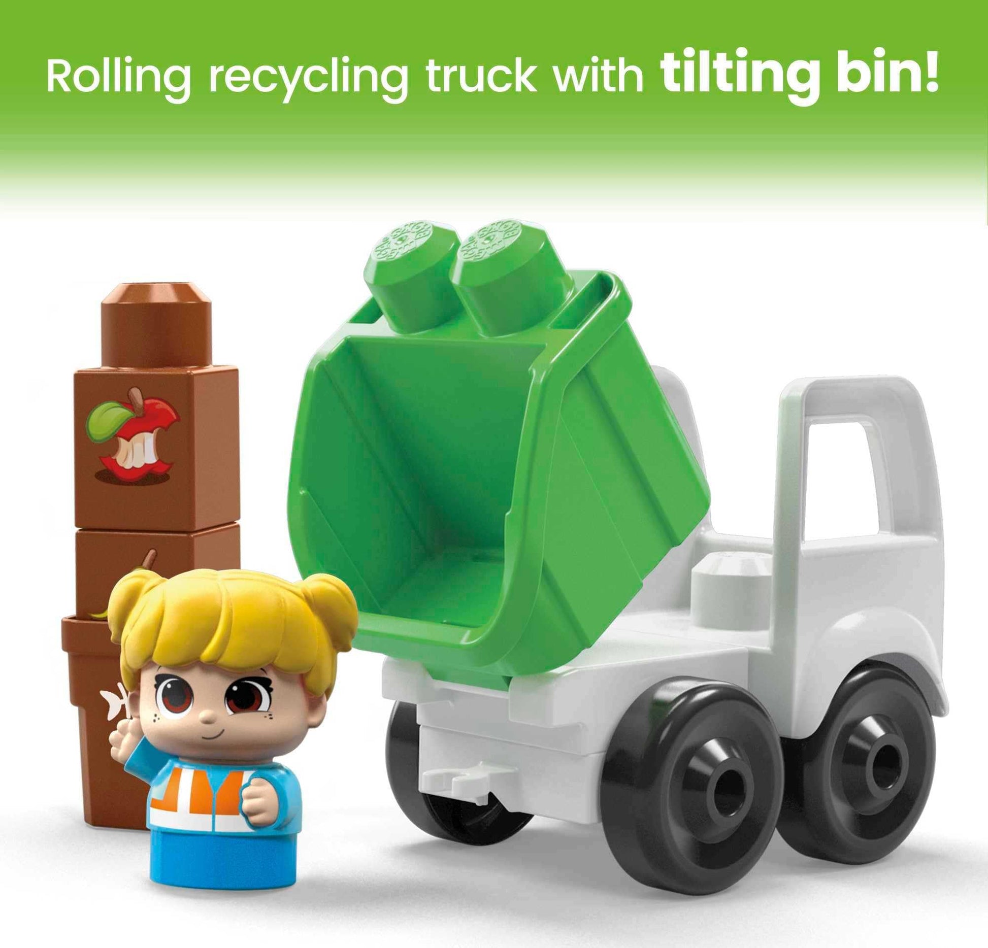 MEGA BLOKS Fisher-Price Toddler Building Blocks, Green Town Sort & Recycle Squad with 15 Pieces, 2 Figures, Toy Gift Ideas for Kids