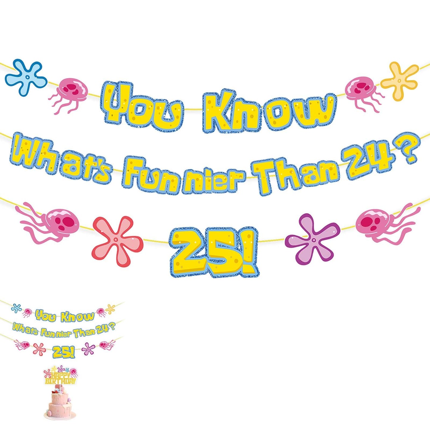 Yellow Glitter 25th Birthday Banner & Cake Topper Kit - “What’s Funnier Than 24?” Party Decoration Set for Milestone 25th Birthday Celebrations
