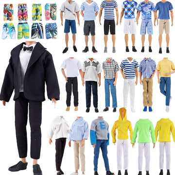 E-TING 10-Item Fantastic Pack = 1 Black-tie Suit with a Shirt + 3 Sets of Casual Wear Clothes Outfit + 1 pc Swim Trunks + 5 Pairs Shoes for 12inches