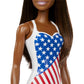 Barbie Doll with Beach Theme in American Flag Stars and Stripes Swimsuit, Brunette