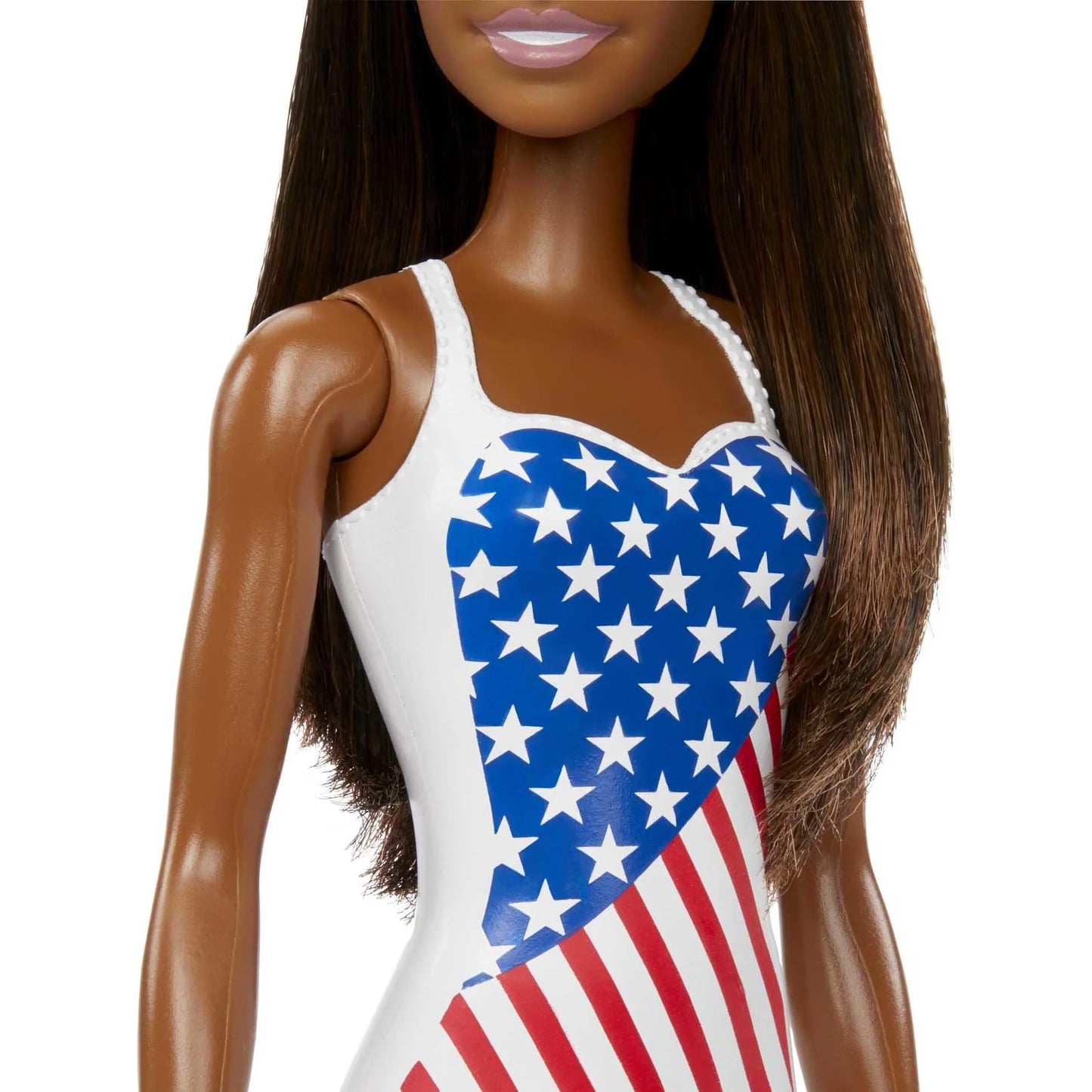 Barbie Doll with Beach Theme in American Flag Stars and Stripes Swimsuit, Brunette