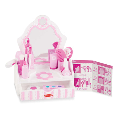 Melissa & Doug Wooden Beauty Salon Play Set, 18-Piece Vanity with Pretend Play Toys, Makeup, Mirror, Accessories & More, Preschool Toys for Girls &