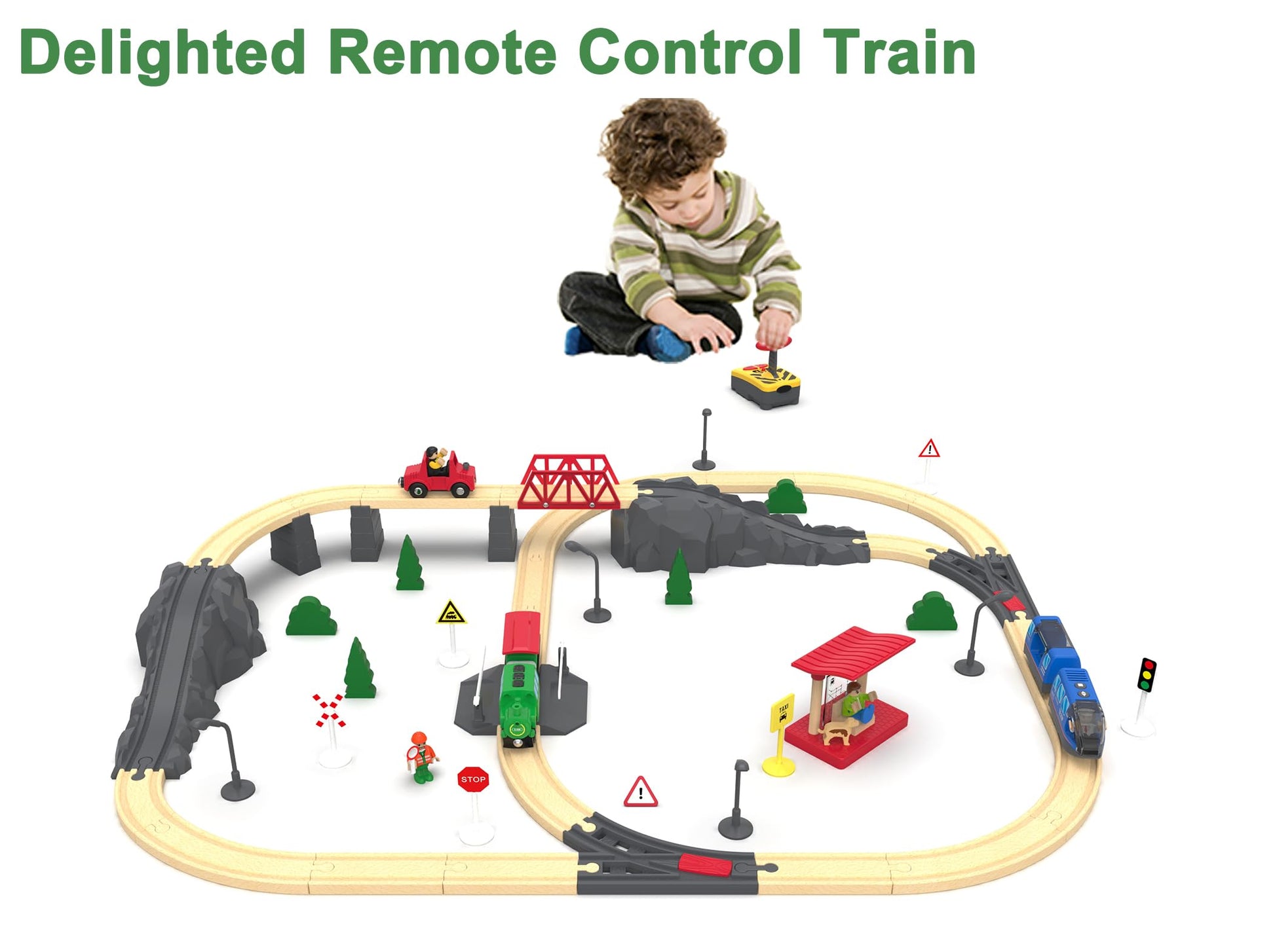 Wooden Train Accessories Battery Operated Locomotive Train, Remote Control Train for Track Set, Powerful Engine Train Vehicles Fit All Major Brands