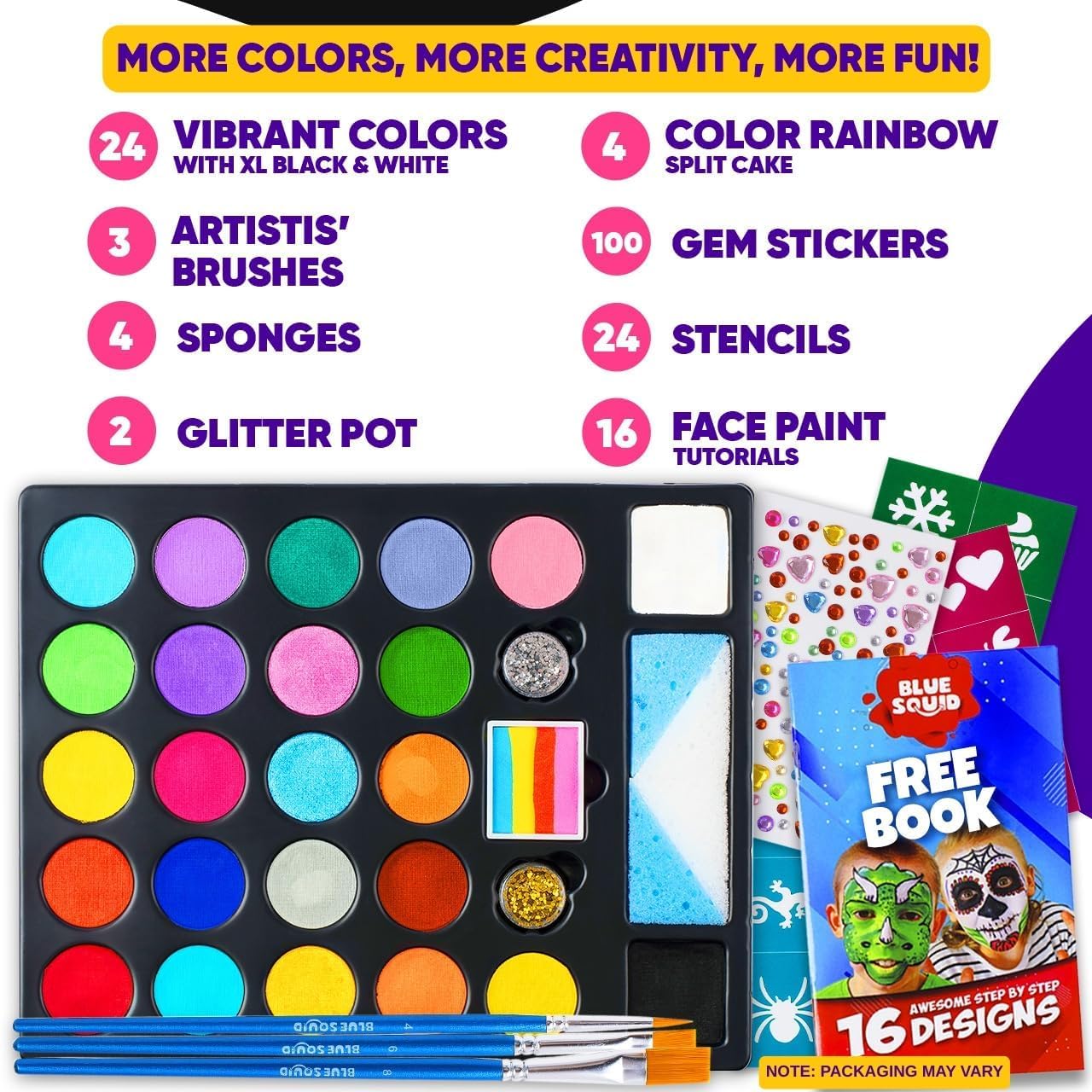 28 Color Face Painting Kit for Kids - Blue Squid Face Paint Kit Palette with 160pc accessories Stencils, Water Activated Non Toxic Washable