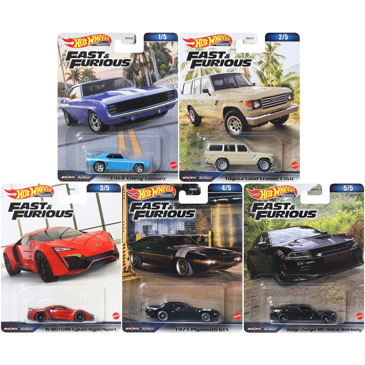 Hot Wheels 2023 Fast Mattel 2023 Fast & Furious Premium Die?Cast Car Set of 5, Iconic Movie Models, 1:64 Scale, HNW46-956B, Ages 3+