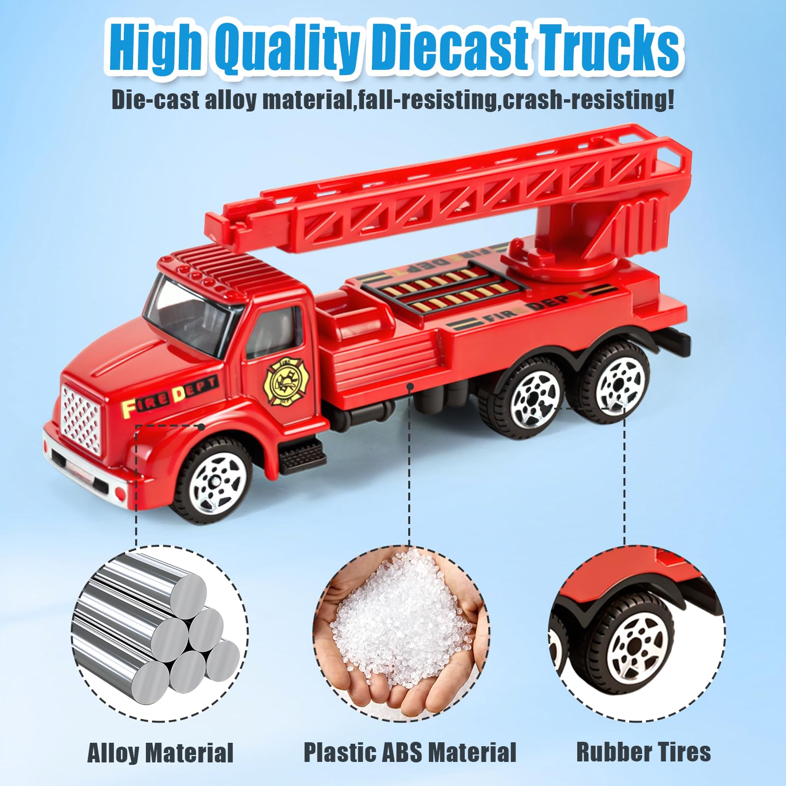 QUANA 6 Pack Fire Truck Playset, Alloy Mini Firetruck Toys for Toddlers 3-5
