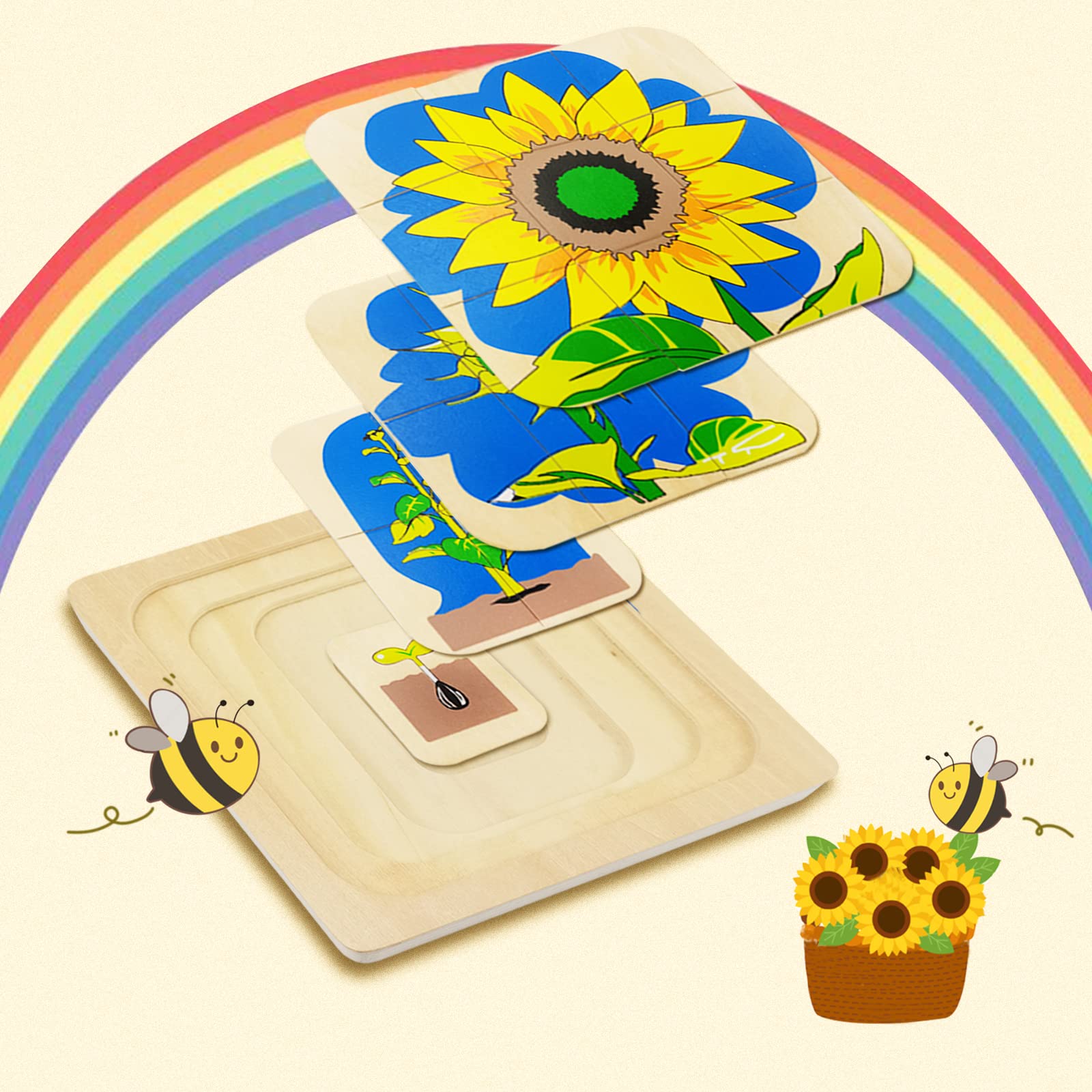 Montessori Wooden Puzzles for Kids Ages 4-8, 4 Layer Life Cycle Of Sunflower Jigsaw Puzzle for Toddlers, Children Preschool Learning Educational