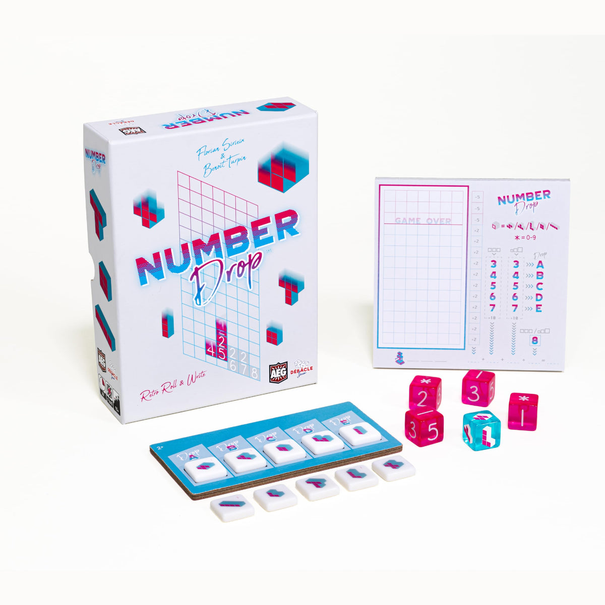 Number Drop, Roll & Write Polyomino Dice Game, Retro 80s Video Game Theme