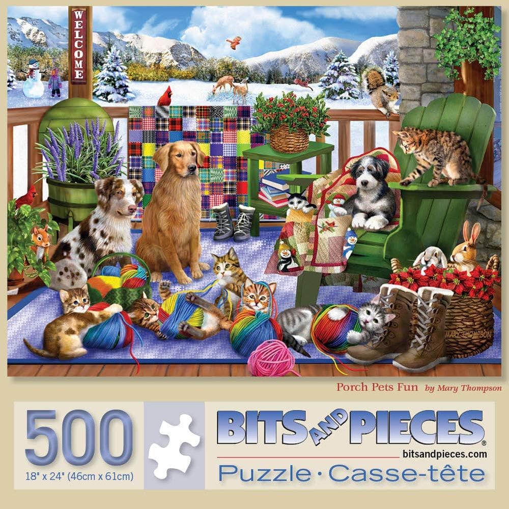 Bits and Pieces - 500 Piece Jigsaw Puzzle for Adults - Porch Pets Fun - Winter Dog Cat Yarn Jigsaw Puzzle by Artist Mary Thompson, Completed Puzzle