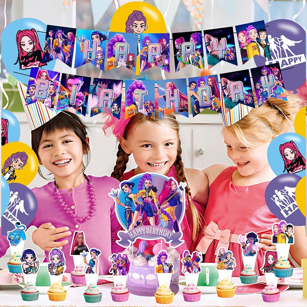 Demon Movie Hunters Birthday Decorations,Demon Movie Hunters Party Supplies Include Happy Birthday Banner, Cake Topper and Cupcake Toppers, Balloons