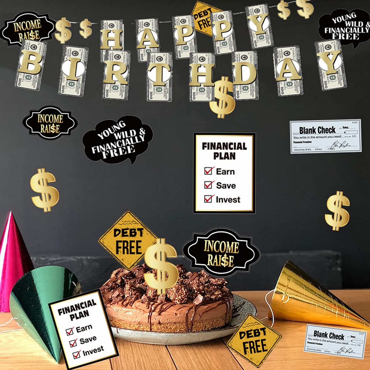 YiiiGoood 24pcs(6 styles) FUN Money Theme Table Centerpiece Sticks Decorations Table Toppers Income Raise/Debt Free for Birthdays Weddings