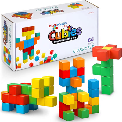 Playmags Magnetic Cubes Building Toy, 64pc 1.5 Inch Magnet Blocks, STEM Toys for Toddlers & Kids, Preschool Educational Sensory Construction Toy