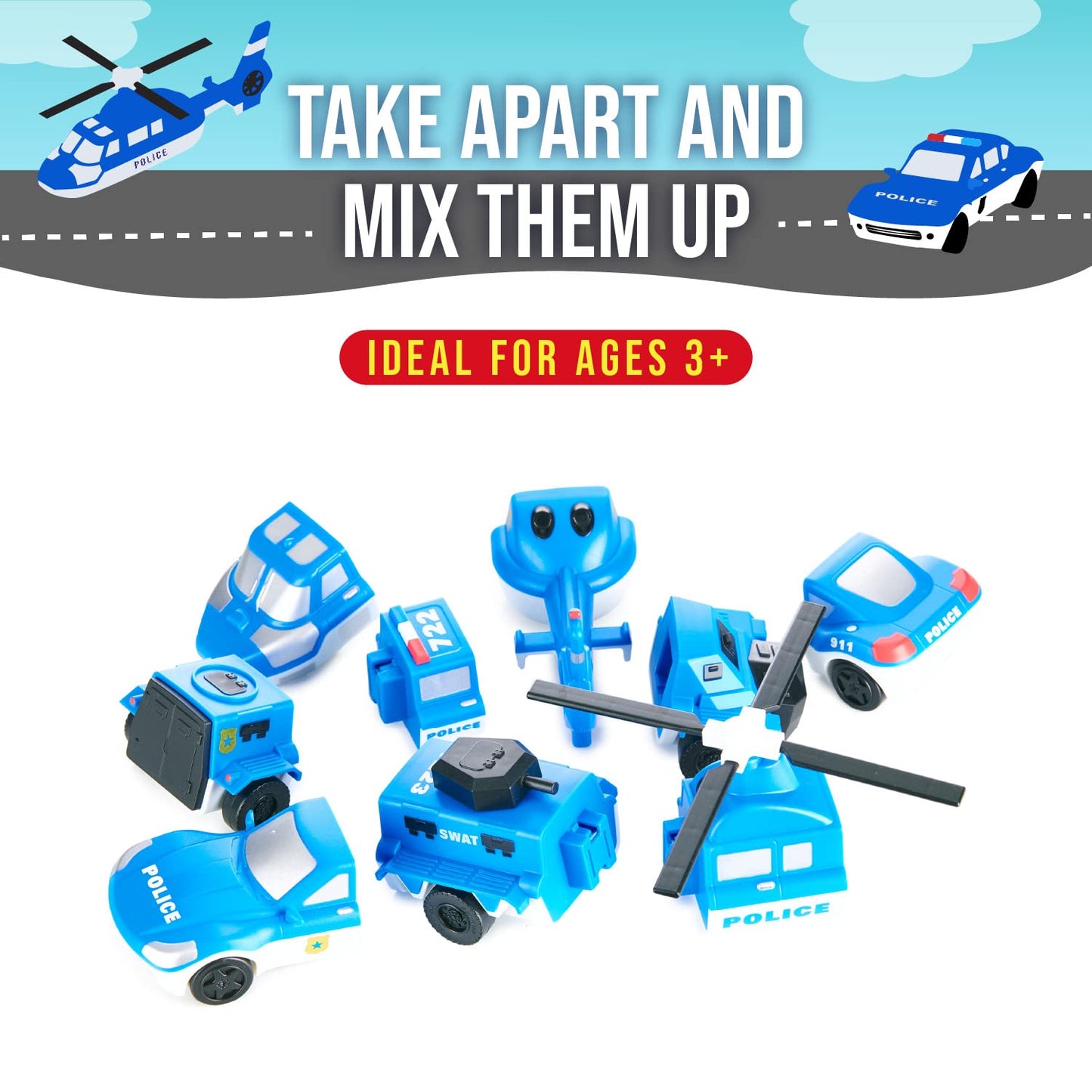 POPULAR PLAYTHINGS Magnetic Vehicles for Toddlers 1-3, Mix or Match Car Toys, Set of 3 Gift for Kids - Police