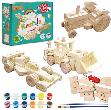 Kraftic Woodworking Building Kit for Kids, with 3 Educational DIY Carpentry Construction Wood Model Kit Toy Projects for Boys and Girls- Tractor