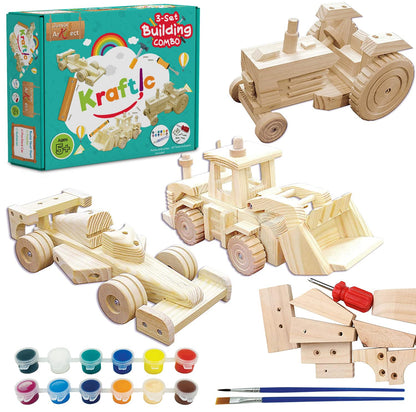 Kraftic Woodworking Building Kit for Kids, with 3 Educational DIY Carpentry Construction Wood Model Kit Toy Projects for Boys and Girls- Tractor