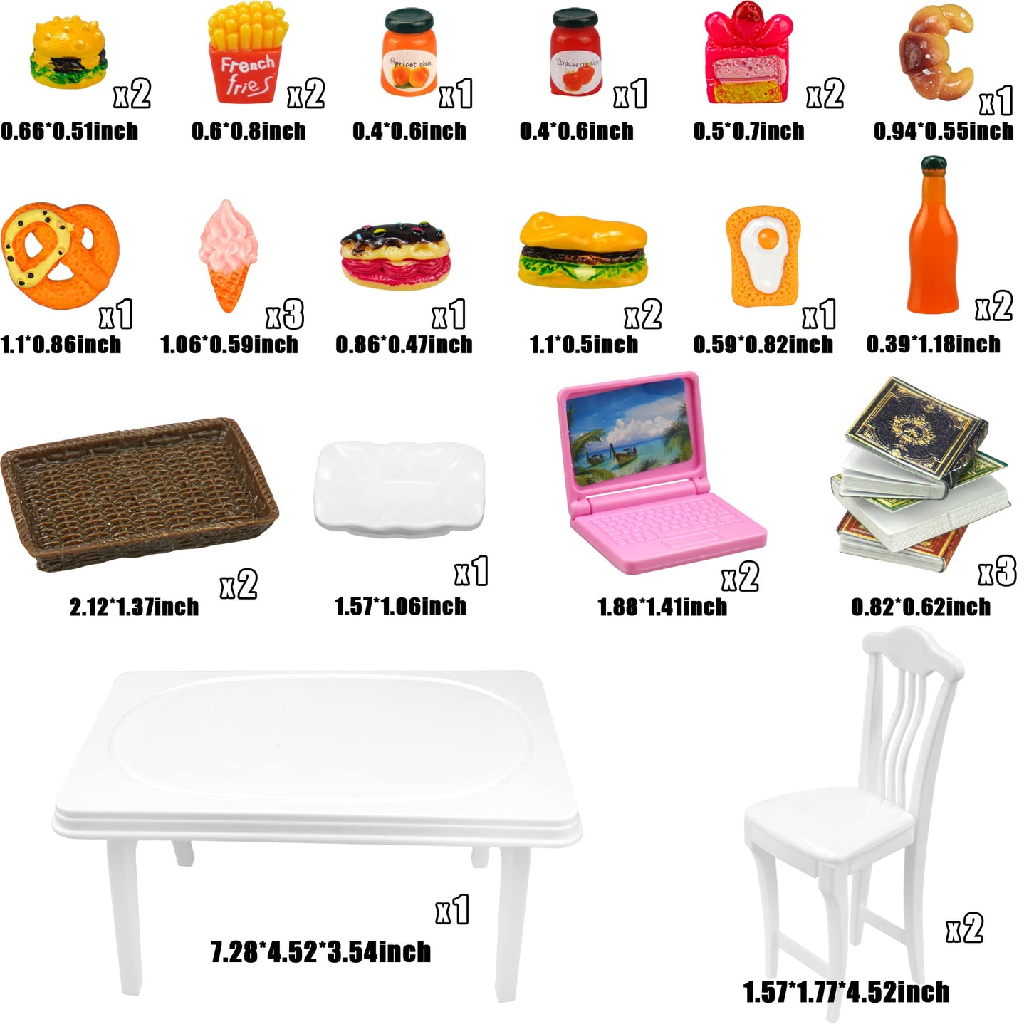 30 Pcs Miniature Food Drinks Laptop Computer Books Toys Dollhouse Miniature Furniture Plastic Table Fits Accessories Scale Dollhouse Playsets Girl