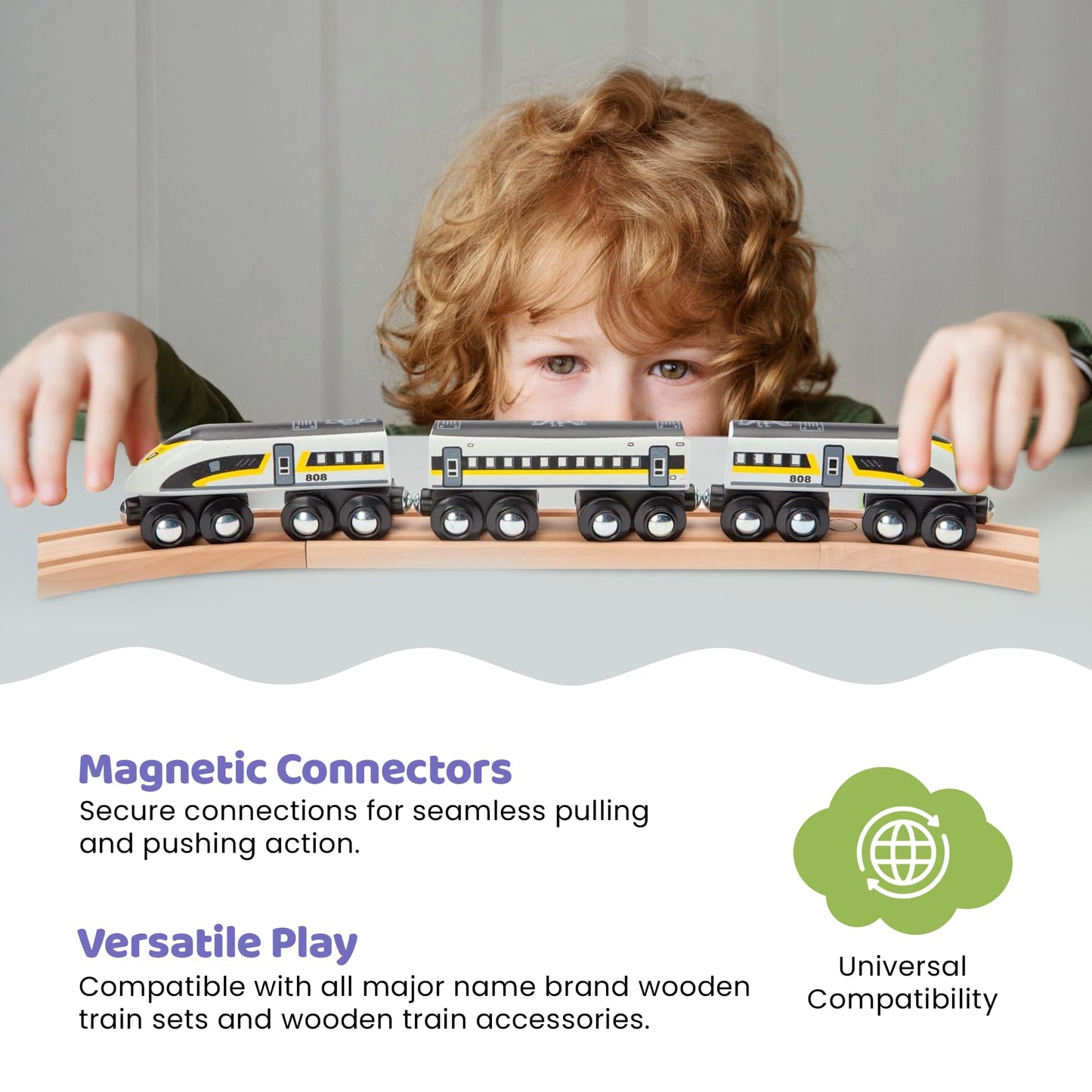Maxim Enterprise, inc. Wooden Bullet Train, Wooden Train Set of 2 Modern Engines 1 Sleek Passenger Car with Magnetic Connectors, Compatible