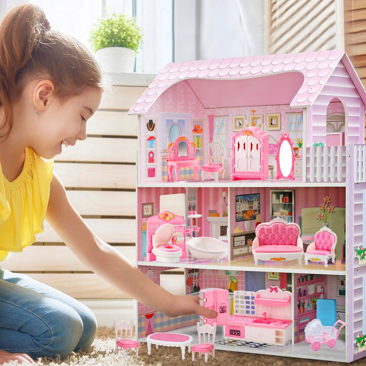 75 Pcs Dollhouse Furniture Set Accessories,Small Dollhouse Miniature Pretend Play Family Toys Gift,Toddler Boy Girl Kid 3Y+ Mini