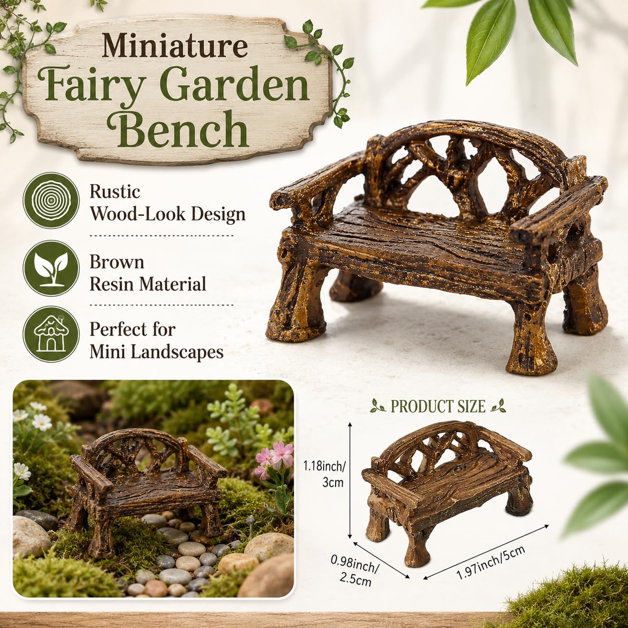 Essivox Brown Resin Fairy Garden Miniature Bench Chair, Outdoor Furniture Decoration for Home and Garden Landscape