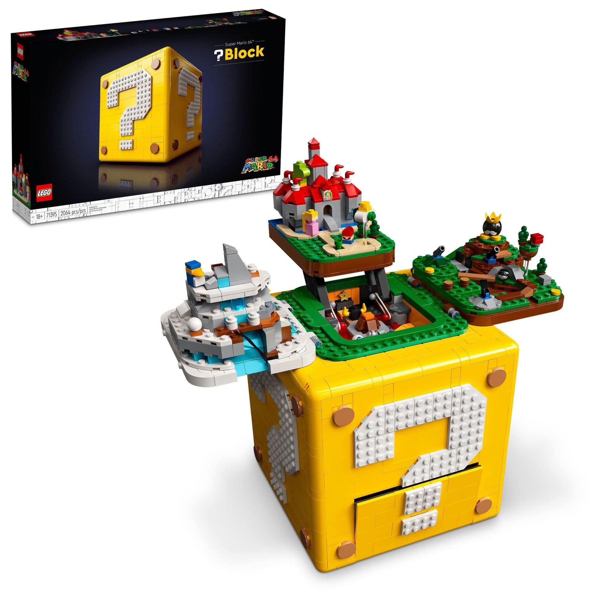 LEGO Super Mario 64 Question Mark Block 71395, 3D Model Set for Adults with 4 Microscale Game Levels: Peach’s Castle, Bob-omb Battlefield, Cool