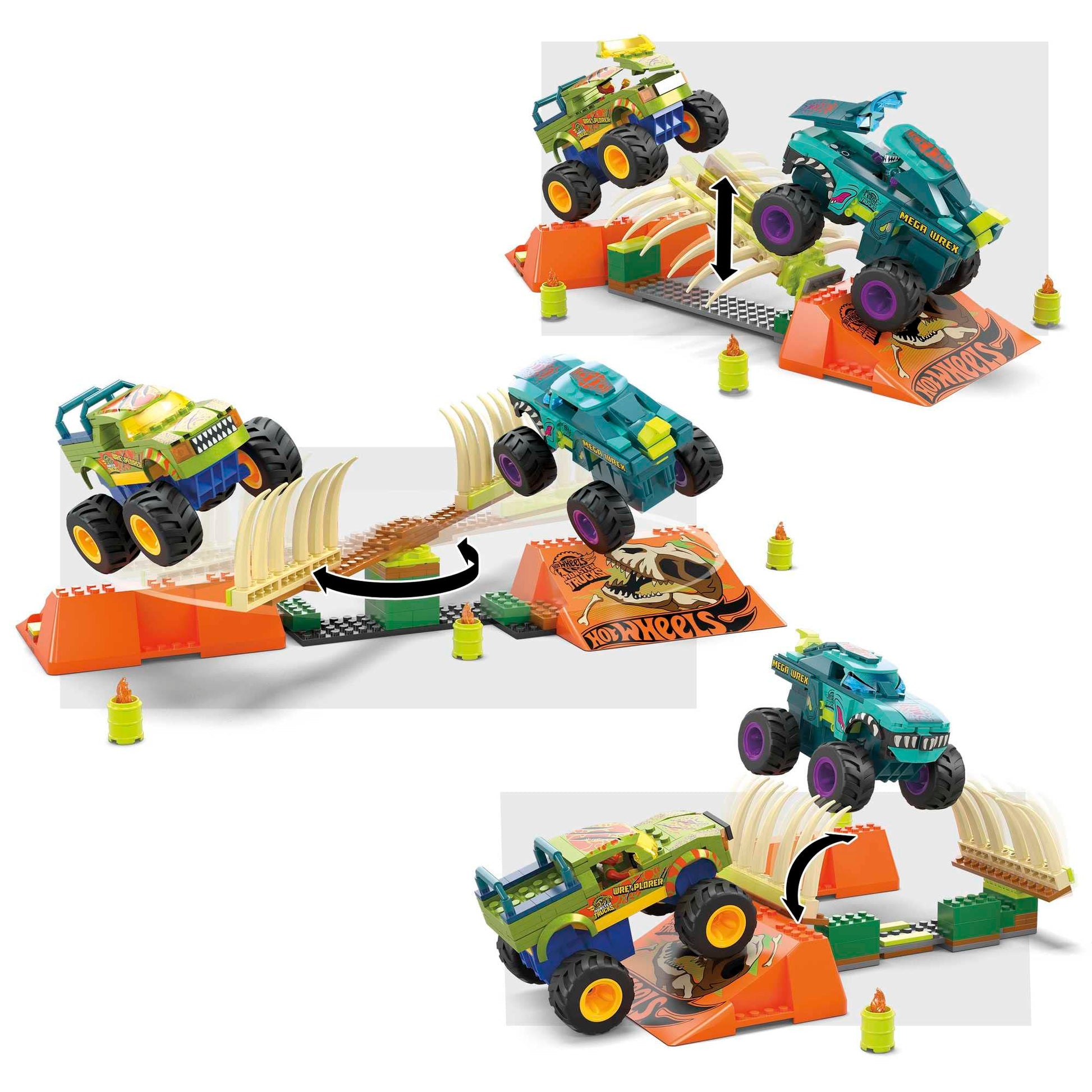 MEGA Hot Wheels Monster Trucks Building Toy, Smash & Crash Mega-Wrex Boneyard Stunt Course with 332 Pieces, 2 Figures and 2 Ramps, Kids Age 5+ Years