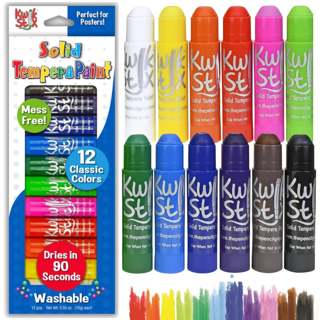 Kwik Stix Solid Tempera Paint Sticks, 12 Colors, Washable Paint Sticks for Kids, Super Quick Drying, Non-Toxic, Allergen Free, Comes in Classic