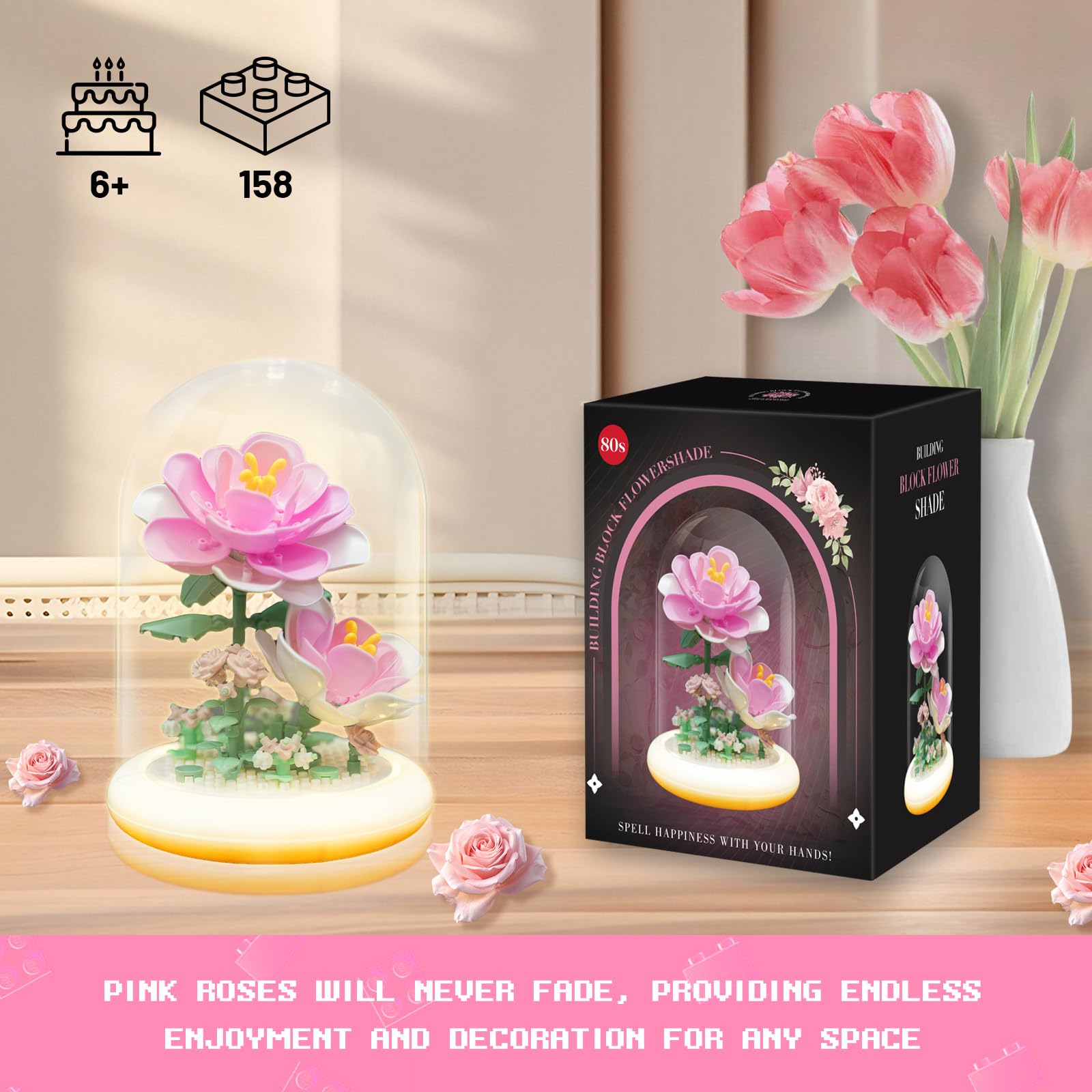 80S Pink Roses Building Toy Set, 158 Pieces with Lighted Base, ABS Dust-Proof Shell, DIY Gift for Kids & Adults, Perfect for Mother’s Day, Birthday