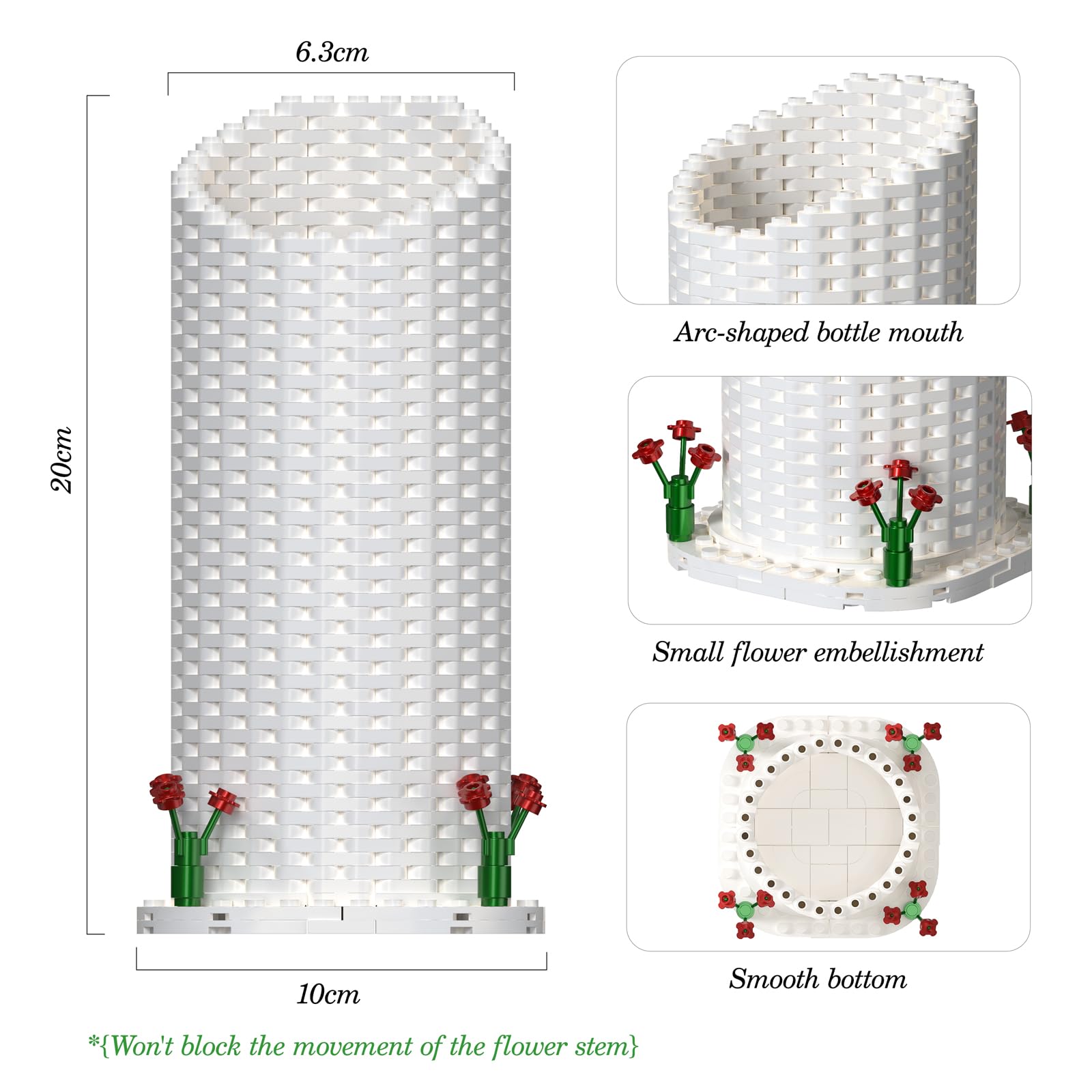 Vase Building Set, White Vase for Roses Flowers Bouquet 10328 10342, for Women Adult Flower Lovers, Christmas, Valentine's and Mother's Day