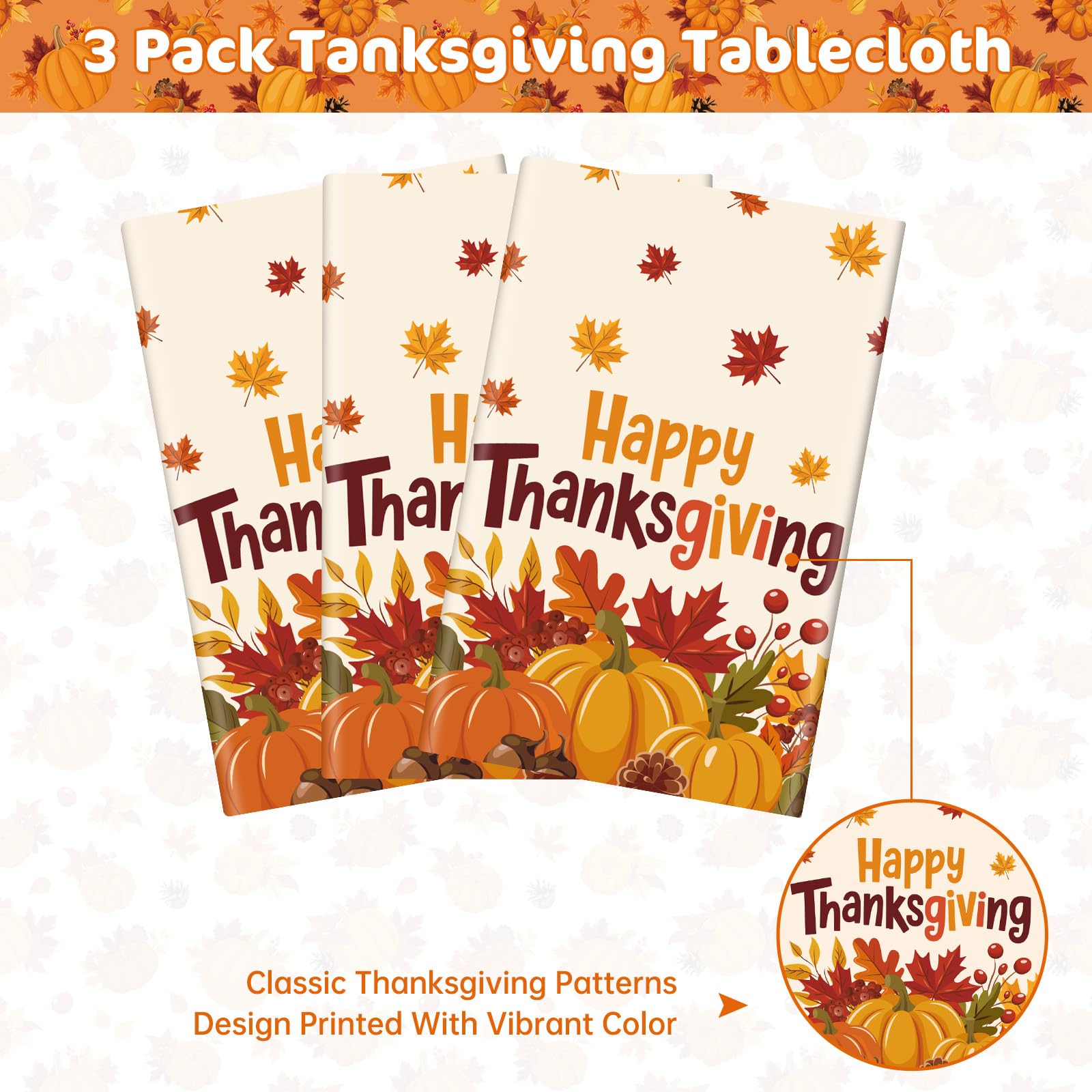 3 Pcs Happy Thanksgiving Tablecloths - Disposable Rectangle Fall Tablecloth, Plastic Pumpkin Table Cloth Maple Leaves Table Cover for Autumn