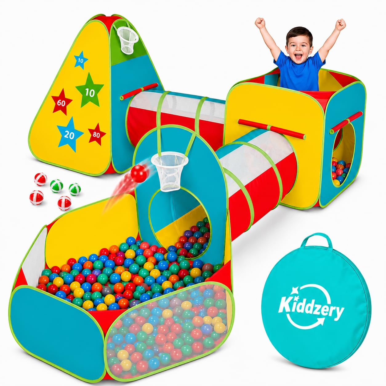 Kids Play Tent for Toddlers, 5pc Toddler Jungle Gym Playset with Ball Pit, Crawl Tunnel and Obstacle Course, Indoor Outdoor Playhouse Toy for Boys
