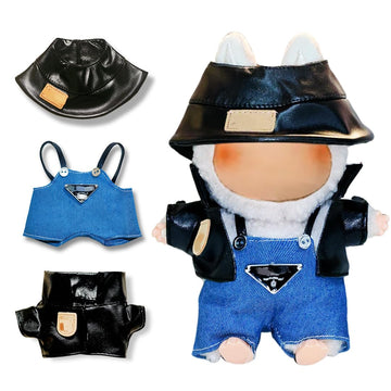 17cm Doll Clothes Set,Match Denim Overalls with a Leather Jacket and a Black Hat for 17cm Dolls?Cute Dress Up Fashion,?No Doll Included ?