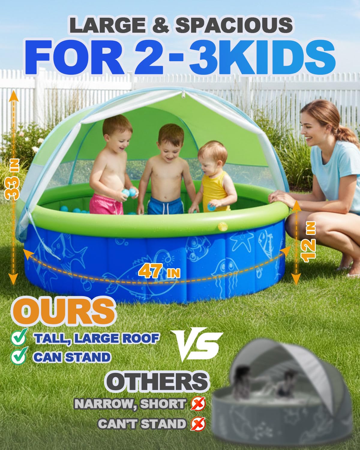 Olutula 2026 Updated Foldable Kiddie Pool with Canopy and 20 Ocean Balls: 47in for Baby Toddler Kids- Summer Water Play Pool with Sprinkler and Shade