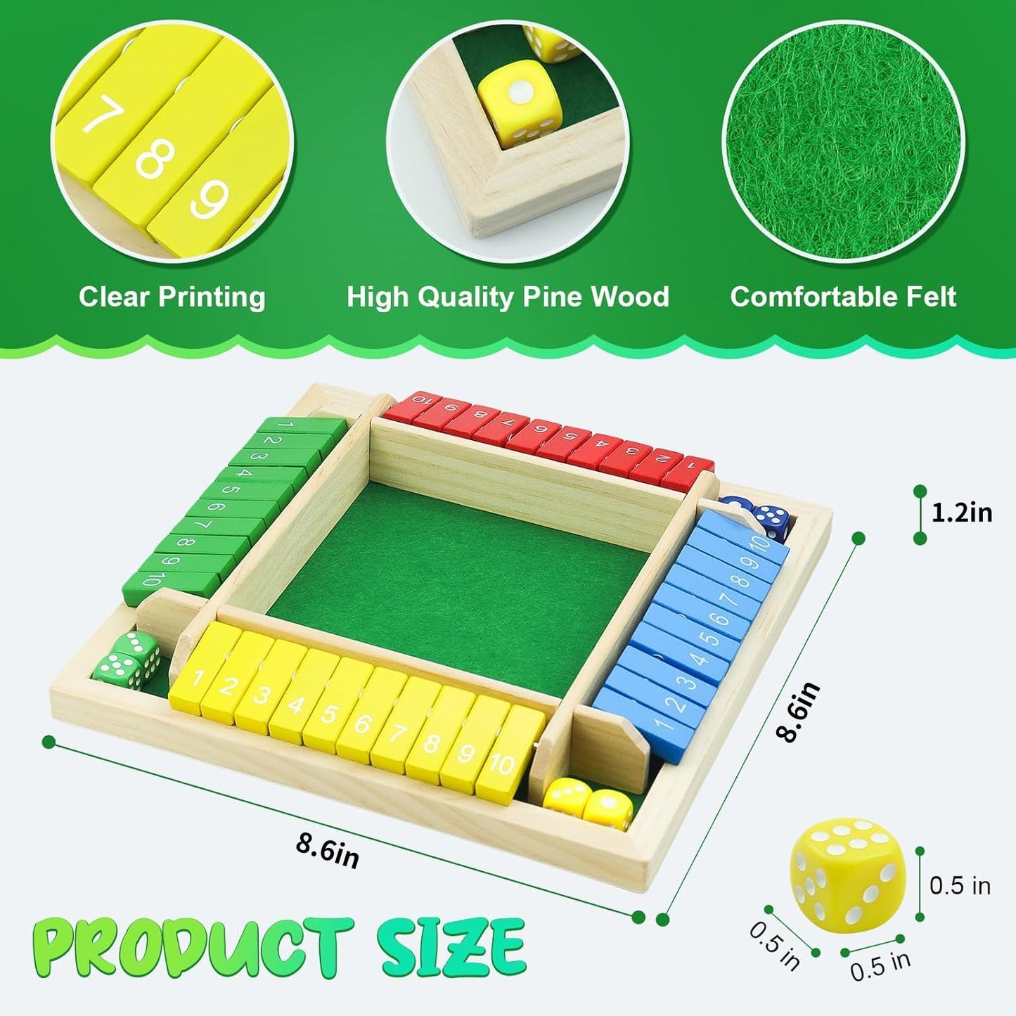 rytopt Shut The Box Game, Stocking Stuffers, 2-4 Player Family Wooden Board Table Math Games, Board Games, Valentines, 8 Dices Tabletop Game
