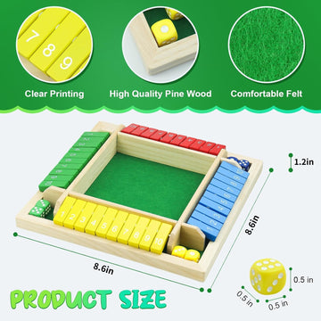 rytopt Shut The Box Game, Stocking Stuffers, 2-4 Player Family Wooden Board Table Math Games, Board Games, Valentines, 8 Dices Tabletop Game