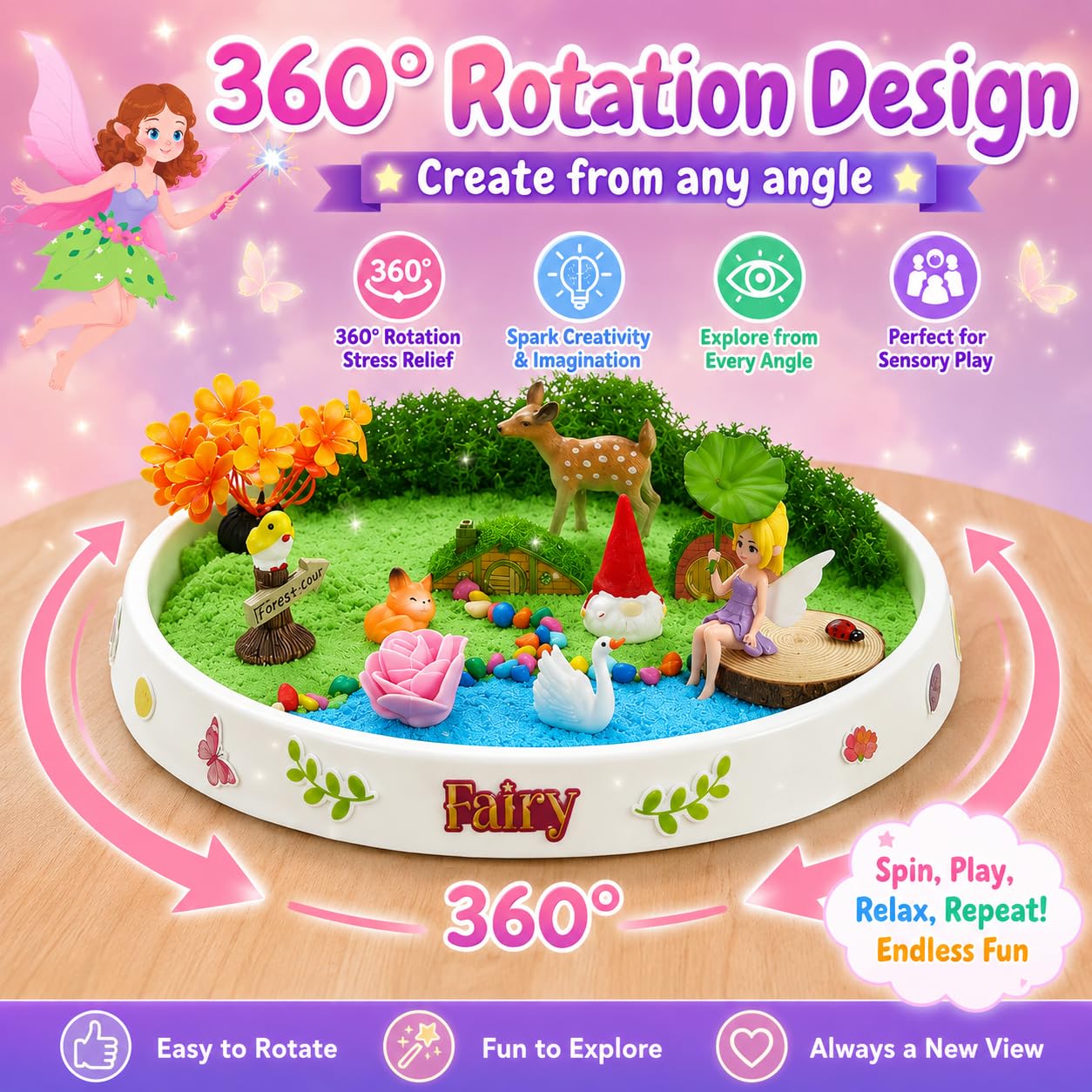 Carolart Spinning Fairy Garden Sensory Bin with Glow Sand Kit
