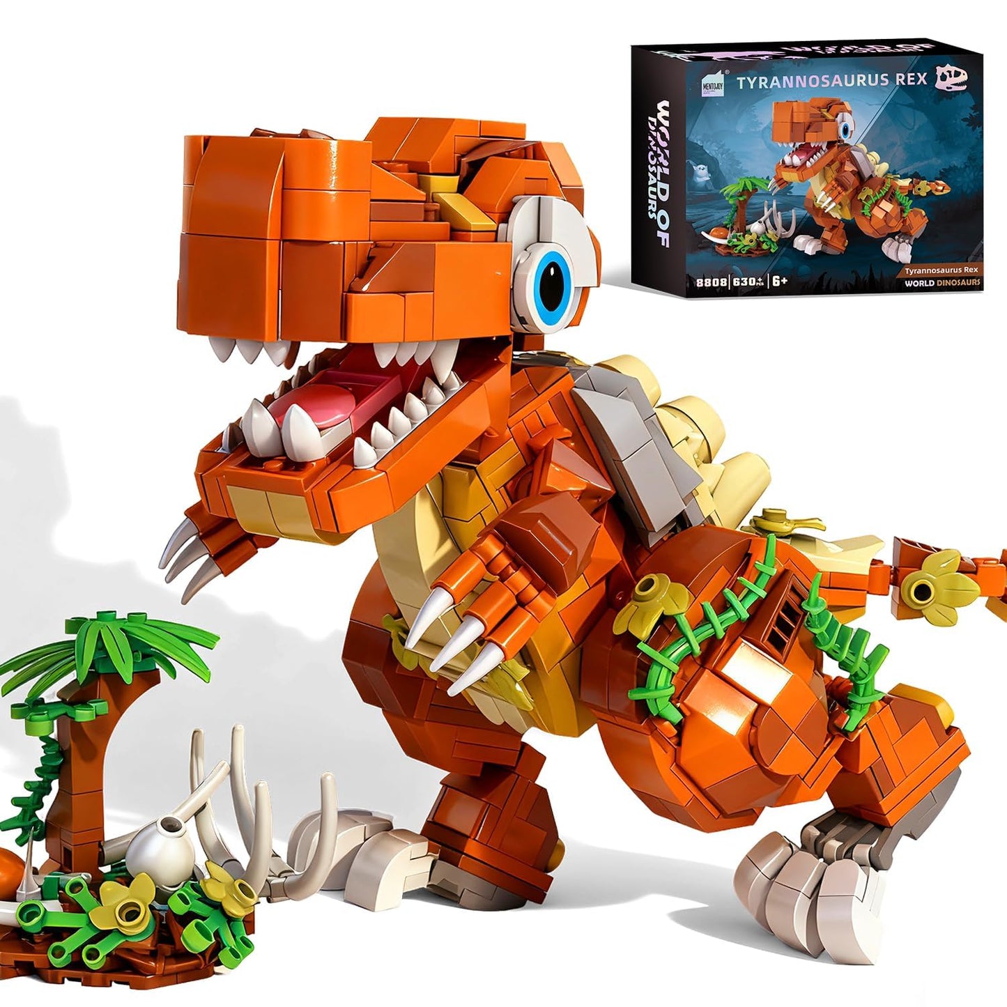 FOLKWEAVE Dinosaur Building Blocks Set, 630 Pieces STEM Learning Toy, Poseable and Movable T-Rex Model, Educational Gift for Kids Ages 6-12, No