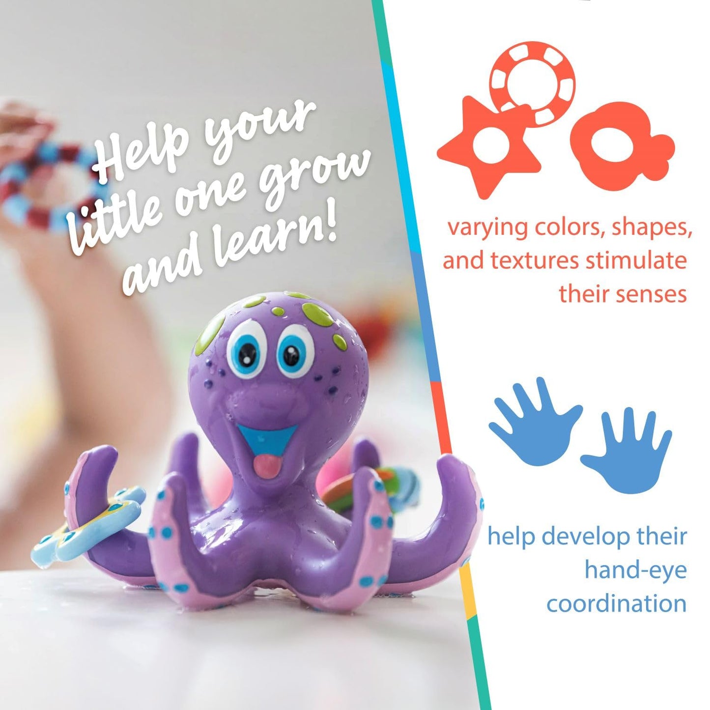 Nuby Floating Octopus with 3 Hoopla Rings - Baby & Toddler Bath Toy - No Hole Design Keeps Moisture Out - Fine Motor Skills - 18+ Months - Great Baby