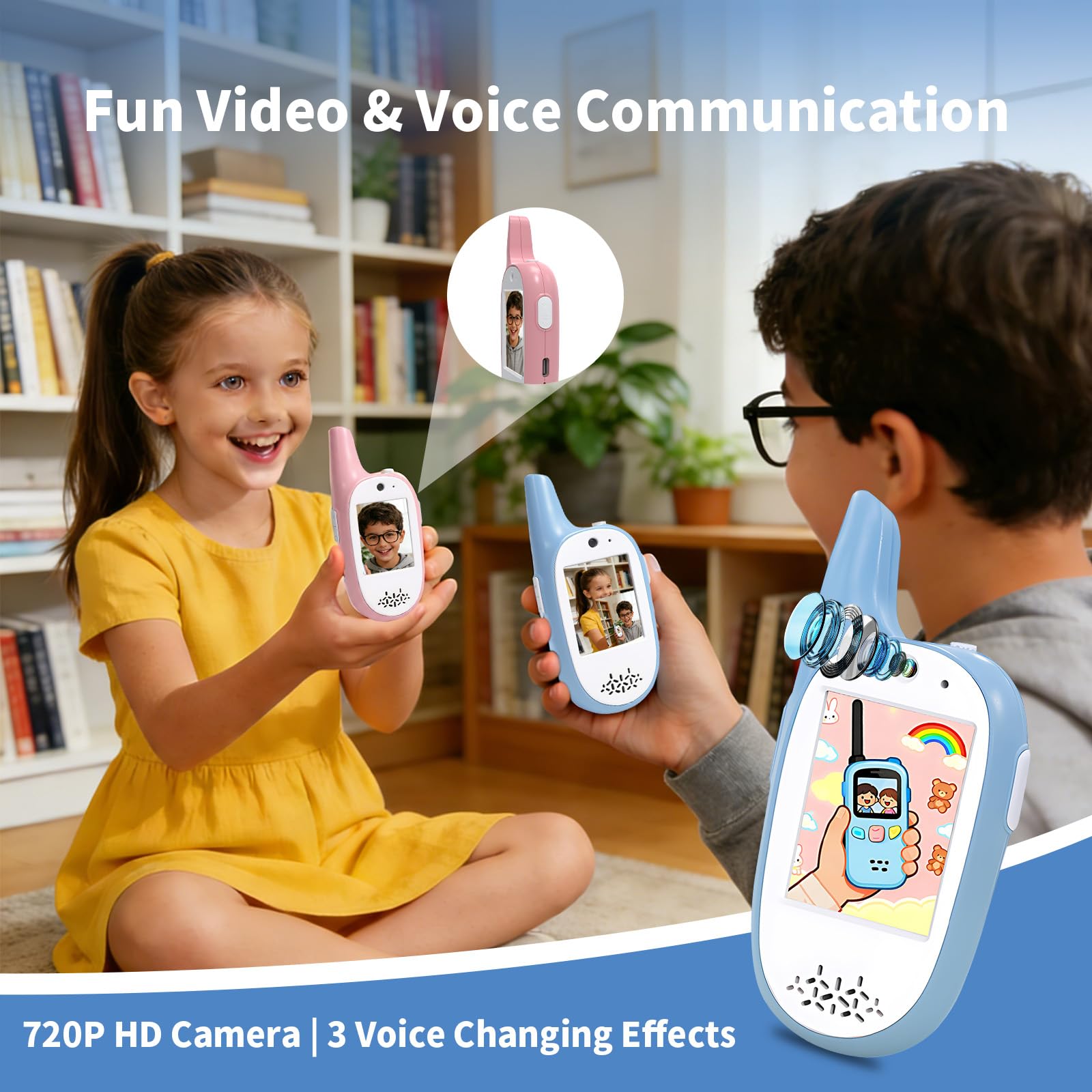 Kids Video Walkie Talkies 2 Pack,Signal of penetrates Two Walls,Rechargeable,HD Camera & 2" IPS Screen,Real-Time Video Call,3 Voice and 4 displays