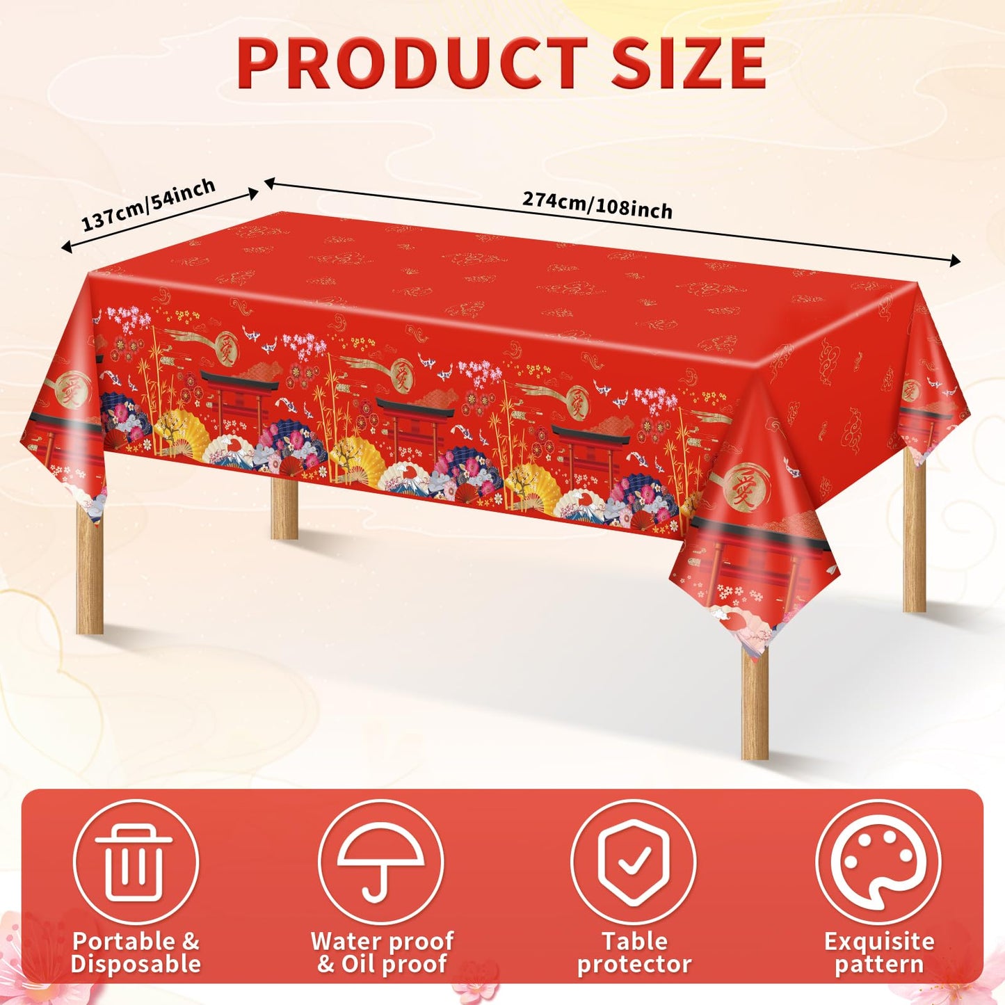 MYFEST 3 PCS Hibachi Party Decorations Hibachi Table Cloth 108x54 inches, Disposable Waterproof Japanese Tablecloth for Hibachi Decorations and Asian