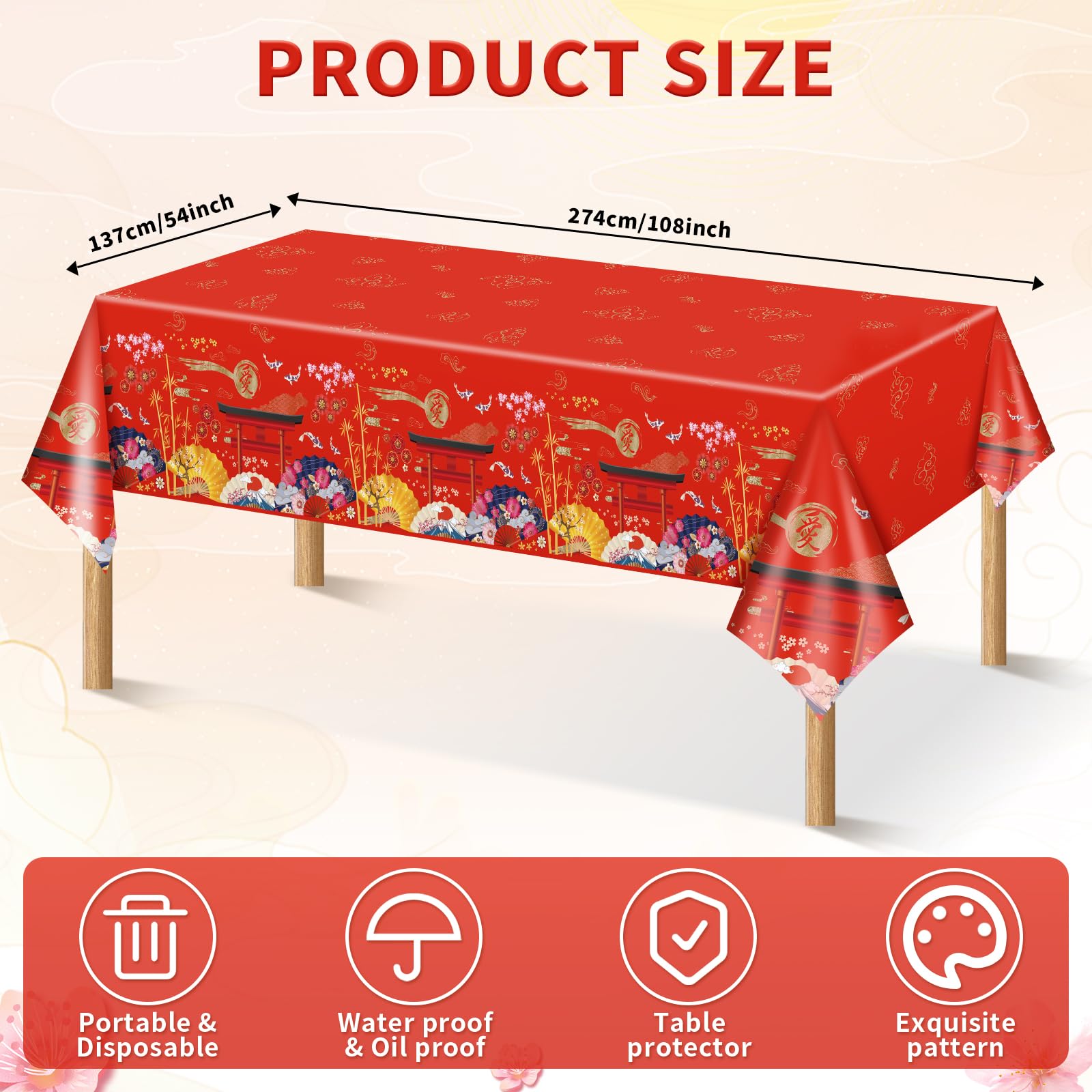 MYFEST 3 PCS Hibachi Party Decorations Hibachi Table Cloth 108x54 inches, Disposable Waterproof Japanese Tablecloth for Hibachi Decorations and Asian