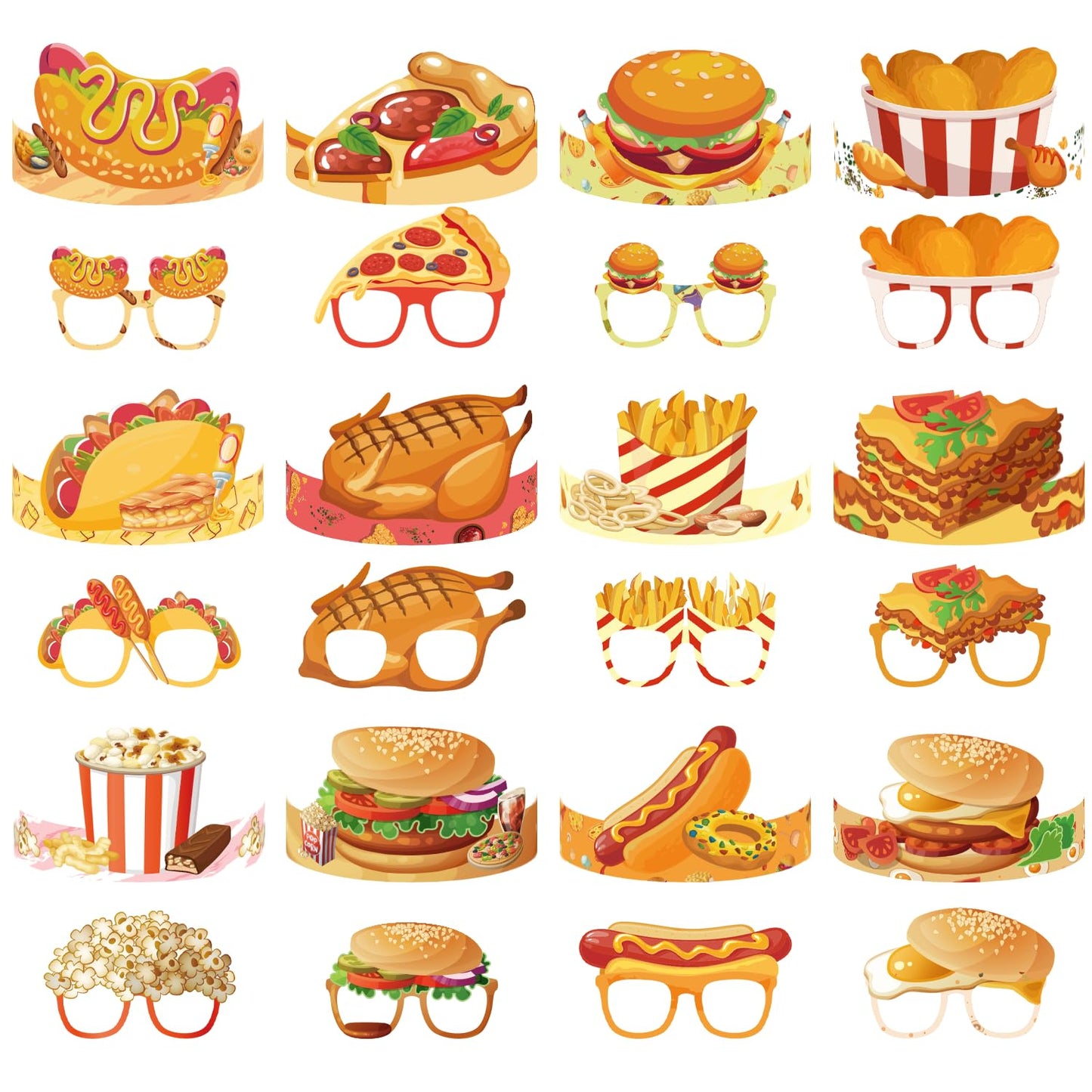 LFCFDX Fast Food Paper Hats, Glasses, and Ropes (48 Pcs) - Perfect for Fast Food Themed Parties, Birthday Parties, Classroom Activities, and More