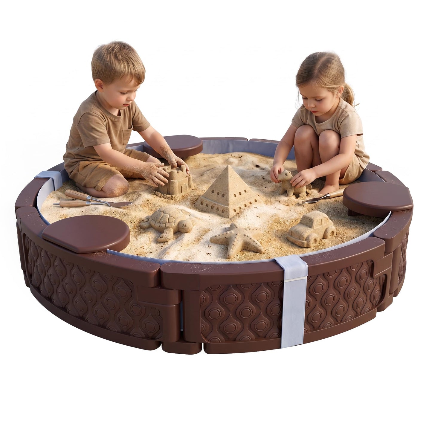 Qaba Kids Sandbox with Cover Round 47" HDPE Sand Pit 3 Seats Brown