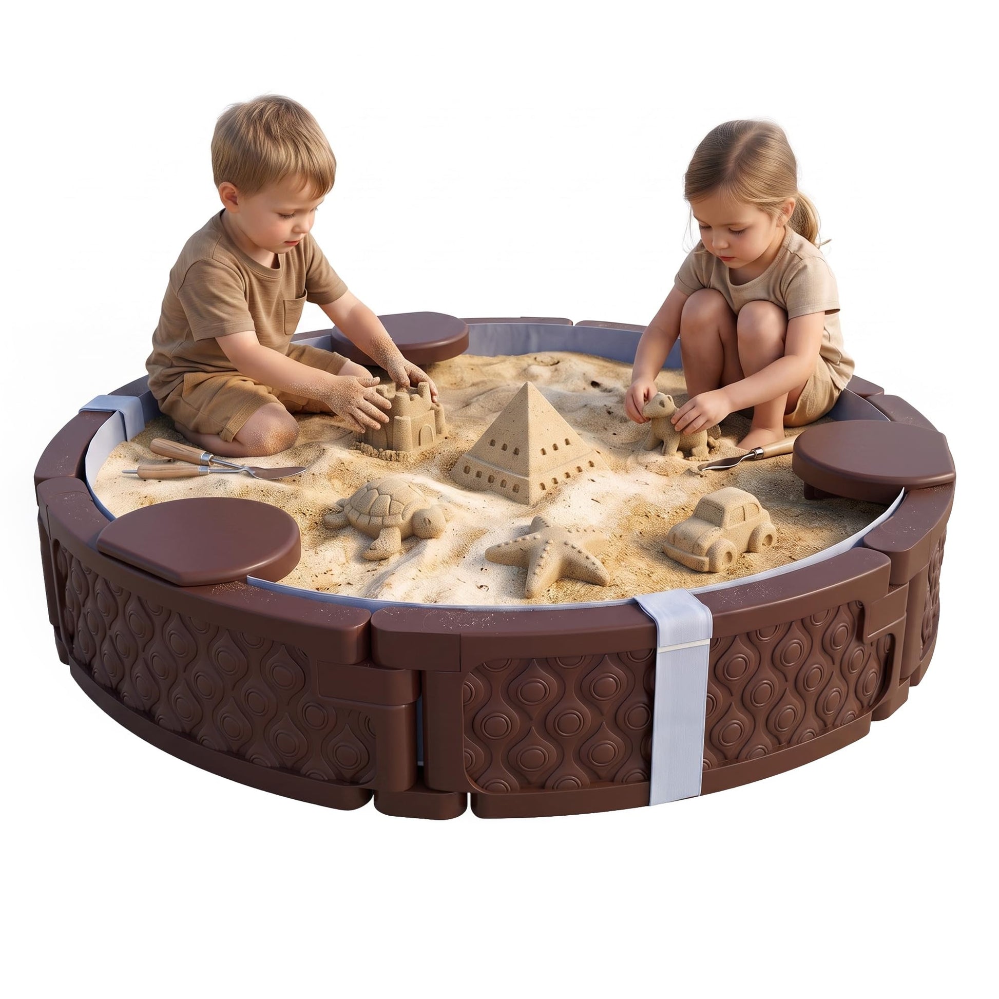 Qaba Kids Sandbox with Cover Round 47" HDPE Sand Pit 3 Seats Brown